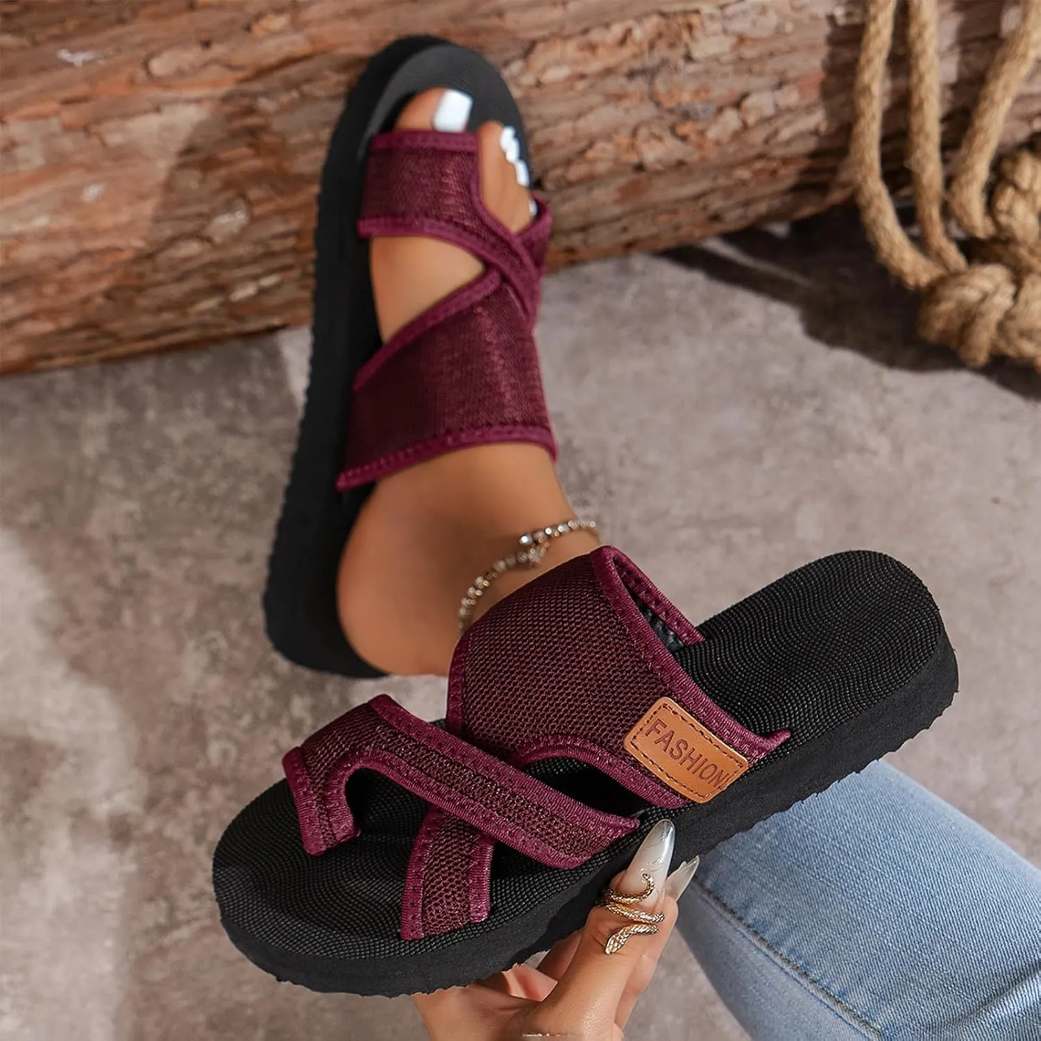 2024 Women's Hollow Mesh Slide Sandals, Summer Fashion Hollow Mesh Slide Sandals with Loop Toe, Casual Lightweight Flat Orthopedic Shoes Peep Toe Slippers(Black,US 10)