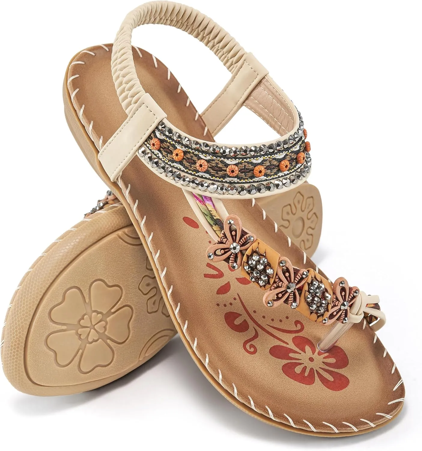 Ablanczoom Womens Sandals Flats Shoes: Comfortable Bohemian Beaded Dressy Summer Flat Casual Ankle Strap Elastic Slip on Beach Sandal