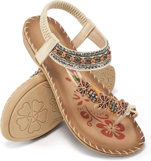 Ablanczoom Womens Sandals Flats Shoes: Comfortable Bohemian Beaded Dressy Summer Flat Casual Ankle Strap Elastic Slip on Beach Sandal