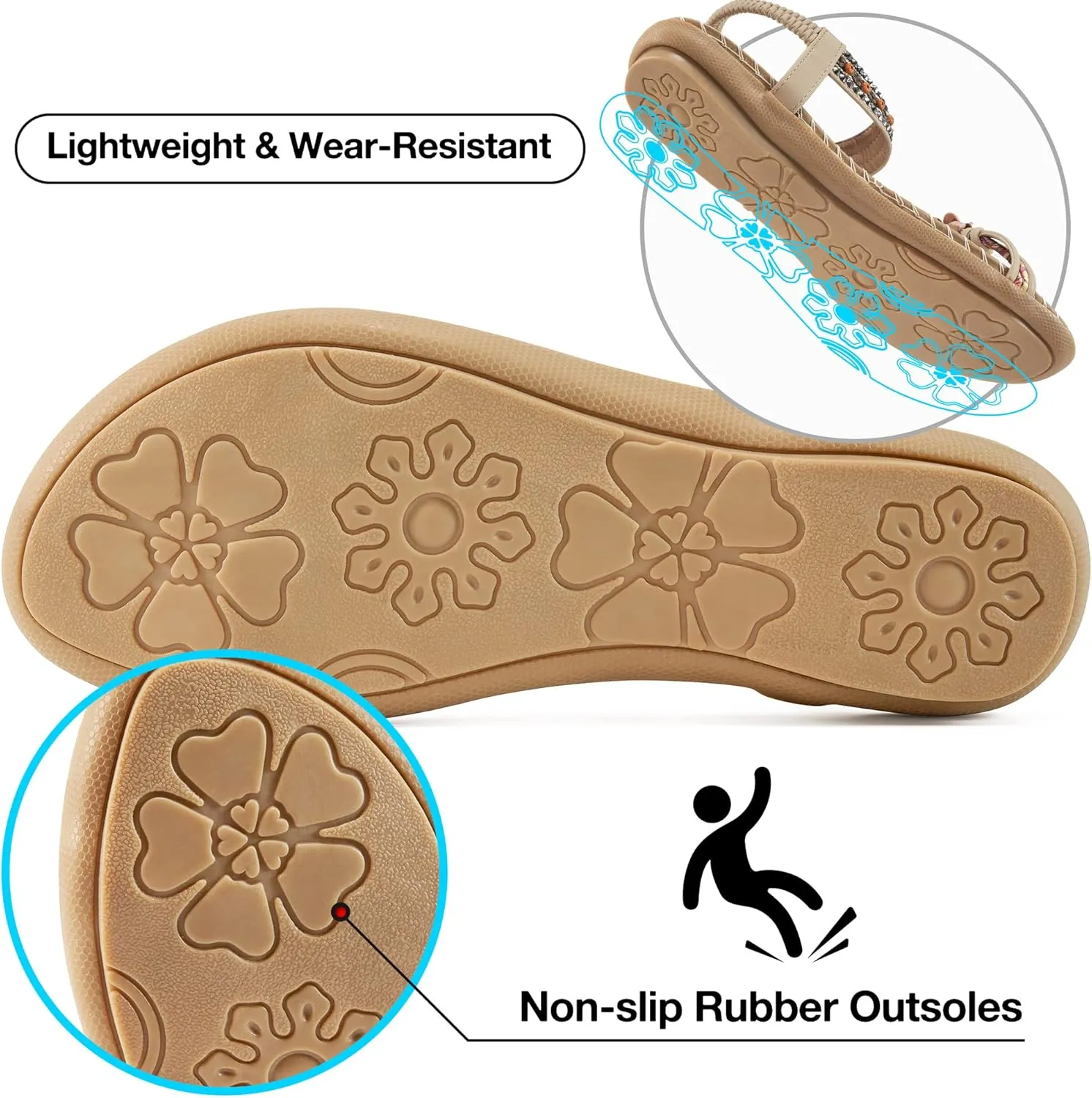 Ablanczoom Womens Sandals Flats Shoes: Comfortable Bohemian Beaded Dressy Summer Flat Casual Ankle Strap Elastic Slip on Beach Sandal