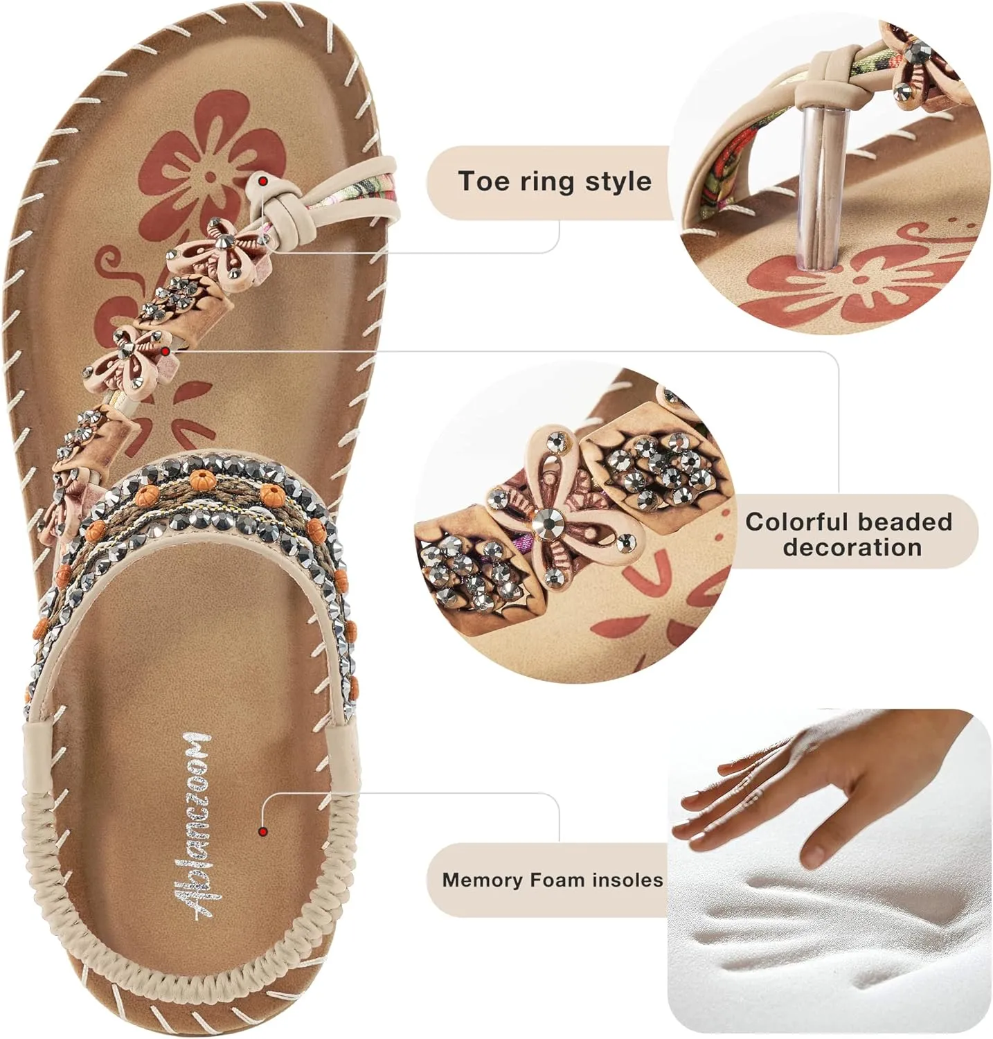 Ablanczoom Womens Sandals Flats Shoes: Comfortable Bohemian Beaded Dressy Summer Flat Casual Ankle Strap Elastic Slip on Beach Sandal