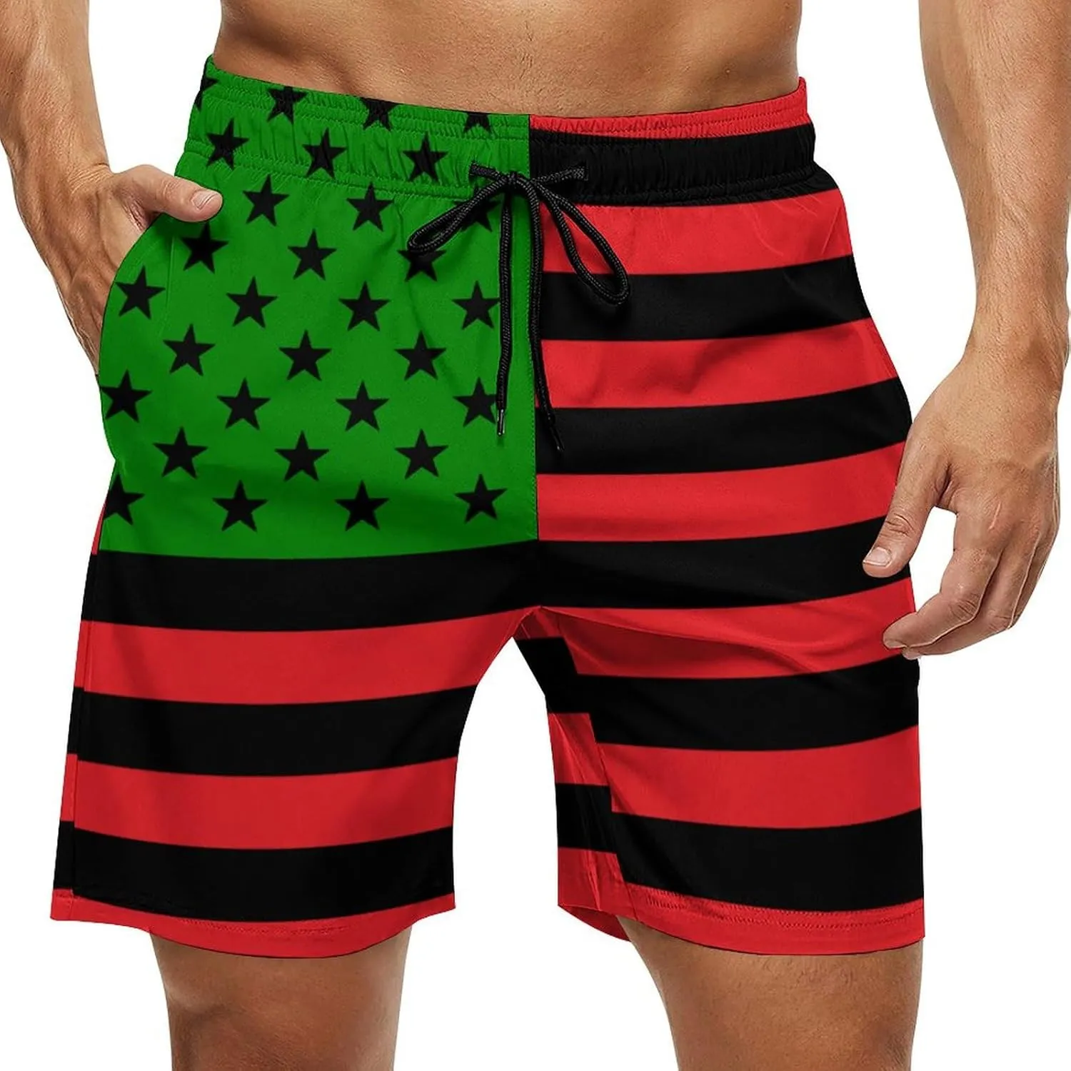 African USA Flag Mens Swim Trunks with Mesh Liner Quick Dry Beach Shorts Funny Swimwear with Pockets