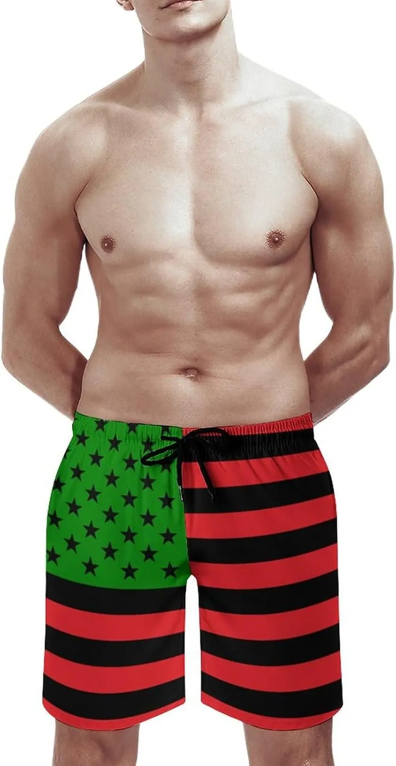 African USA Flag Mens Swim Trunks with Mesh Liner Quick Dry Beach Shorts Funny Swimwear with Pockets