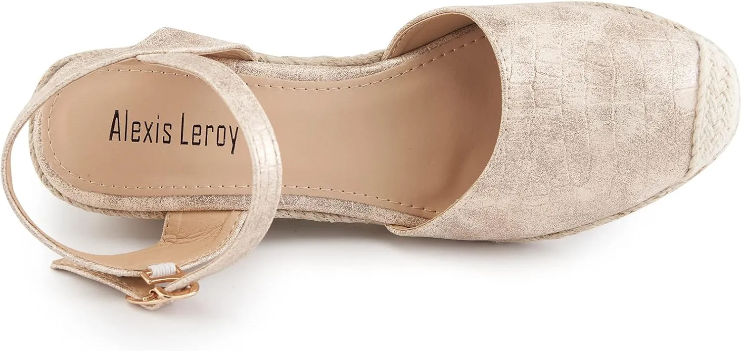 Alexis Leroy Women's Closed Toe Buckle Strap Slingback Espadrilles Wedge Sandals