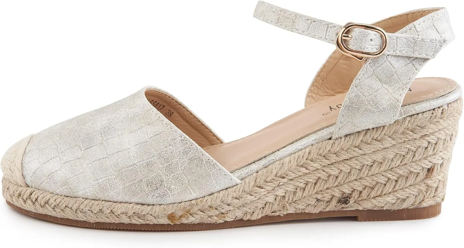Alexis Leroy Women's Closed Toe Buckle Strap Slingback Espadrilles Wedge Sandals