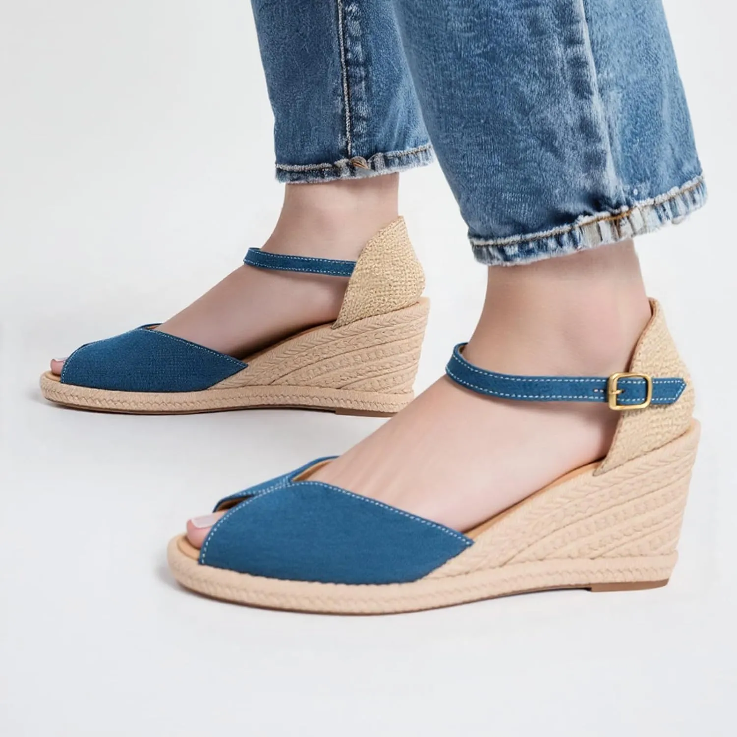 Alexis Leroy Women's Open Toe Comfortable Ankle Strap Espadrilles Wedge Sandals