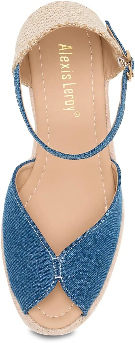 Alexis Leroy Women's Open Toe Comfortable Ankle Strap Espadrilles Wedge Sandals