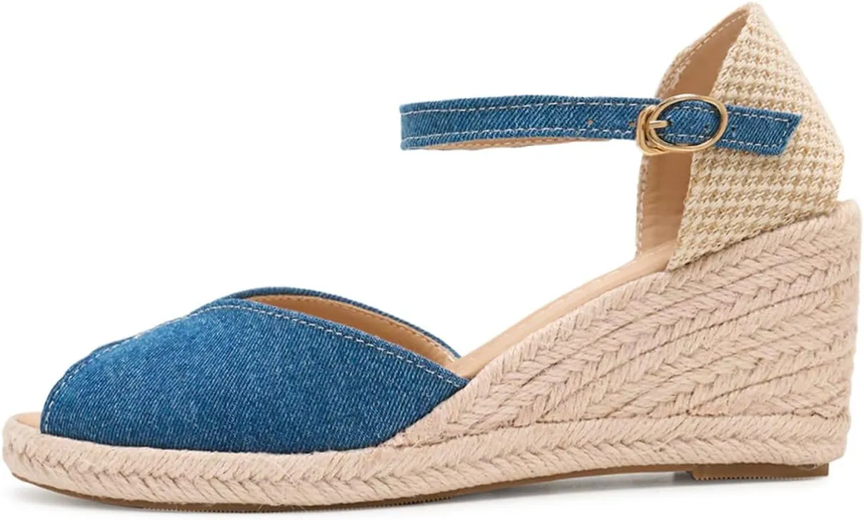 Alexis Leroy Women's Open Toe Comfortable Ankle Strap Espadrilles Wedge Sandals