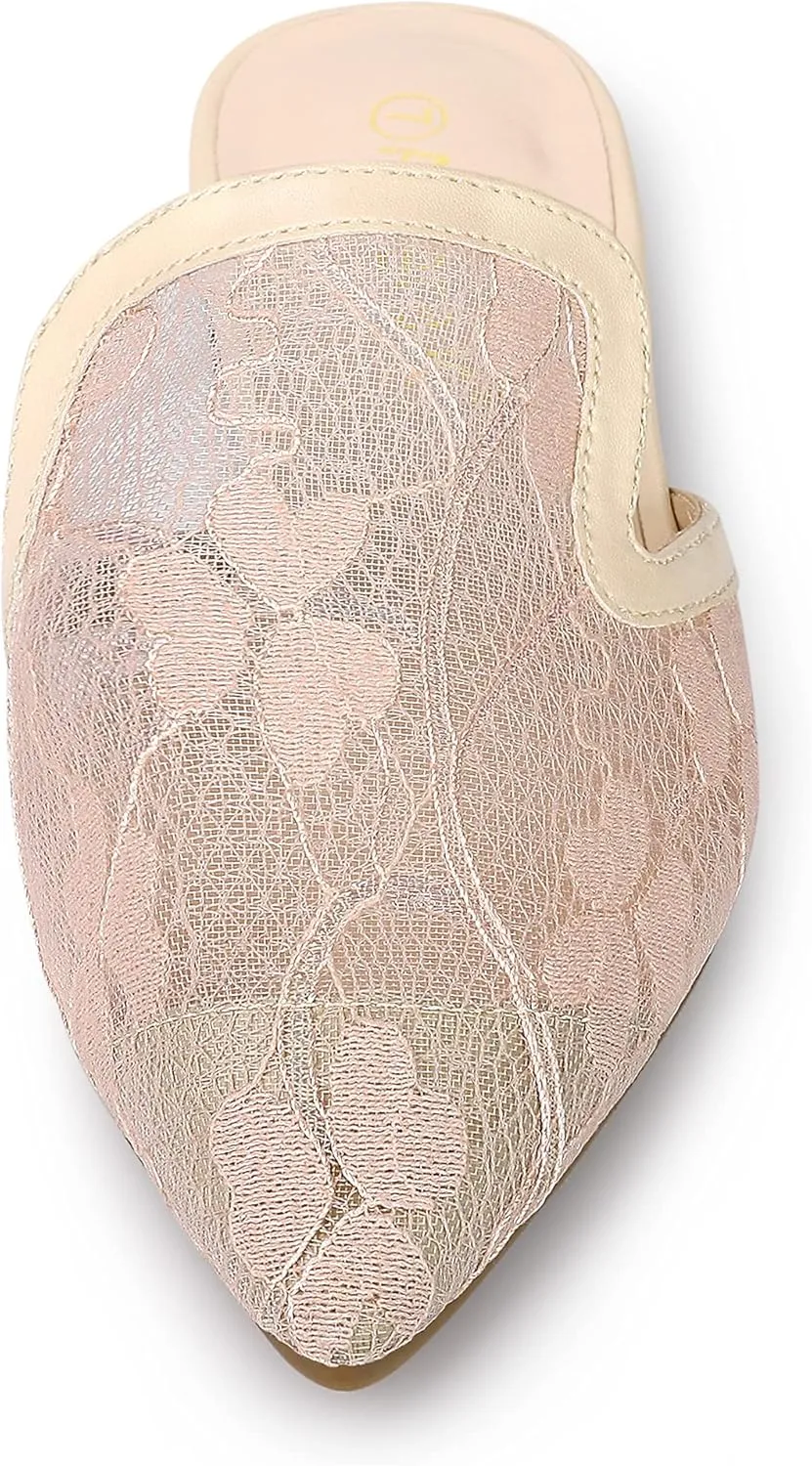Allegra K Women's Pointed Toe Floral Embroidery Flats Mules