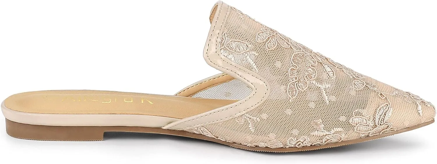 Allegra K Women's Pointed Toe Floral Embroidery Flats Mules