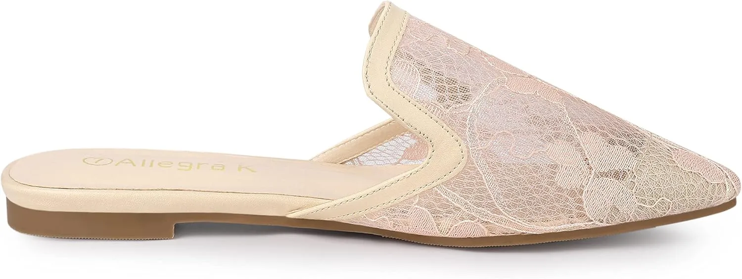 Allegra K Women's Pointed Toe Floral Embroidery Flats Mules