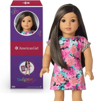 American Girl Truly Me 18-inch Doll #124 with Brown Eyes, Black-Brown Hair, Lt-to-Med Skin, T-shirt Dress, For Ages 6 , Floral