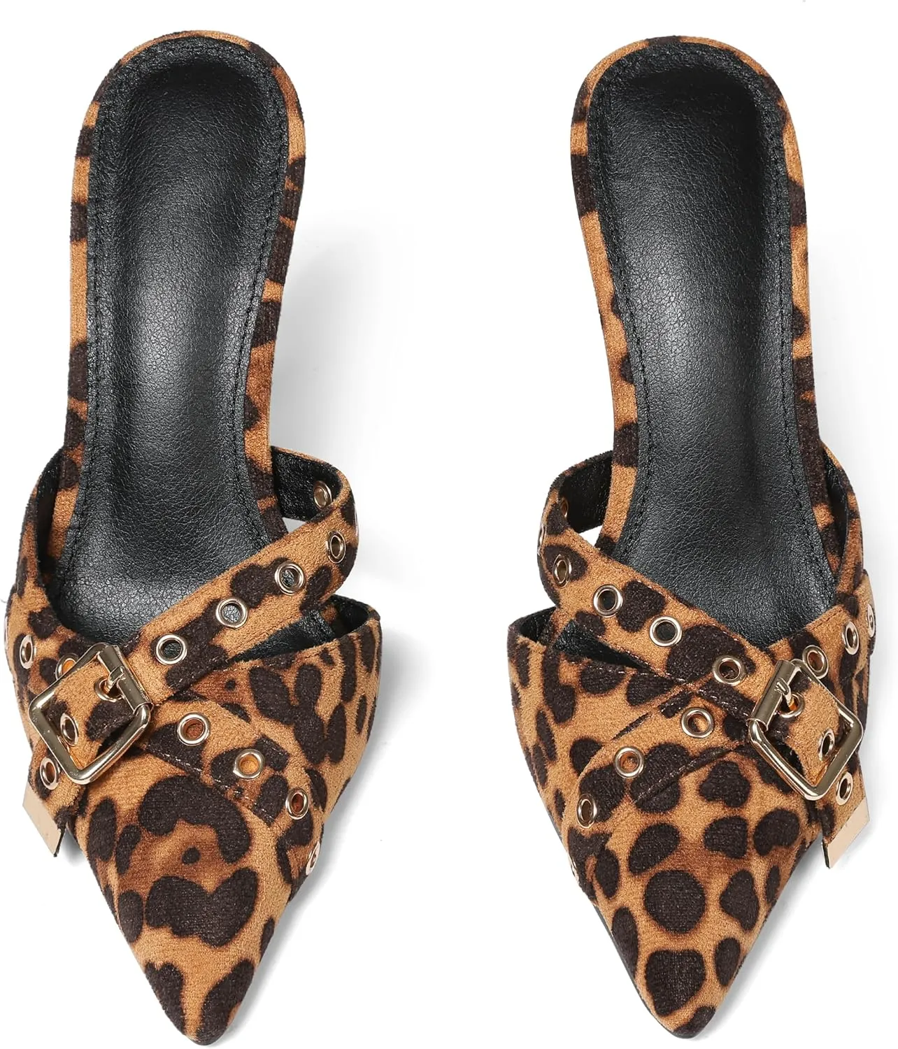 AMINUGAL Mules Heels for Women Pointed Closed Toe Kitten Pumps Buckle Slip On Studded Stiletto Heeled Party Dress Shoes