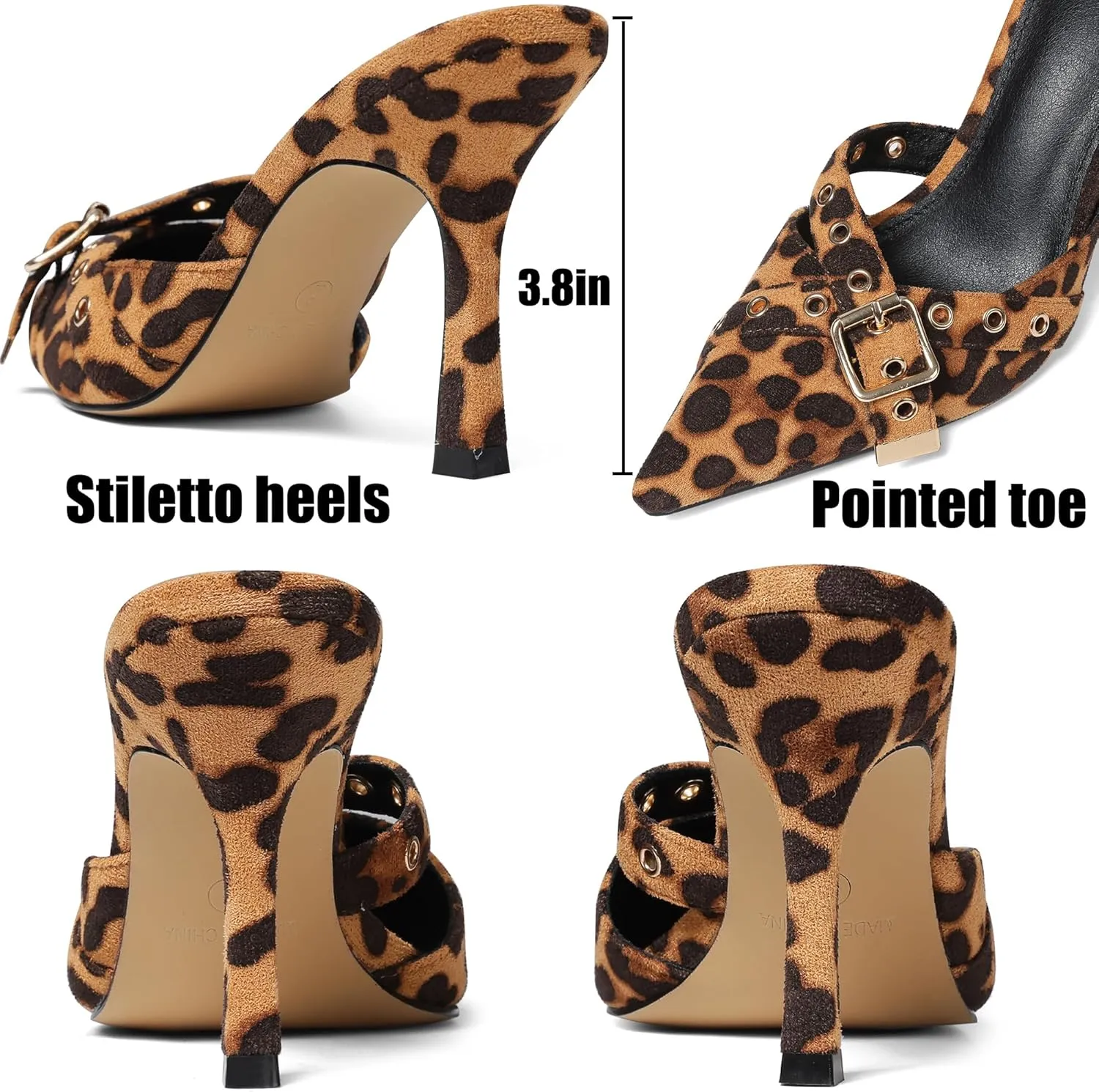 AMINUGAL Mules Heels for Women Pointed Closed Toe Kitten Pumps Buckle Slip On Studded Stiletto Heeled Party Dress Shoes