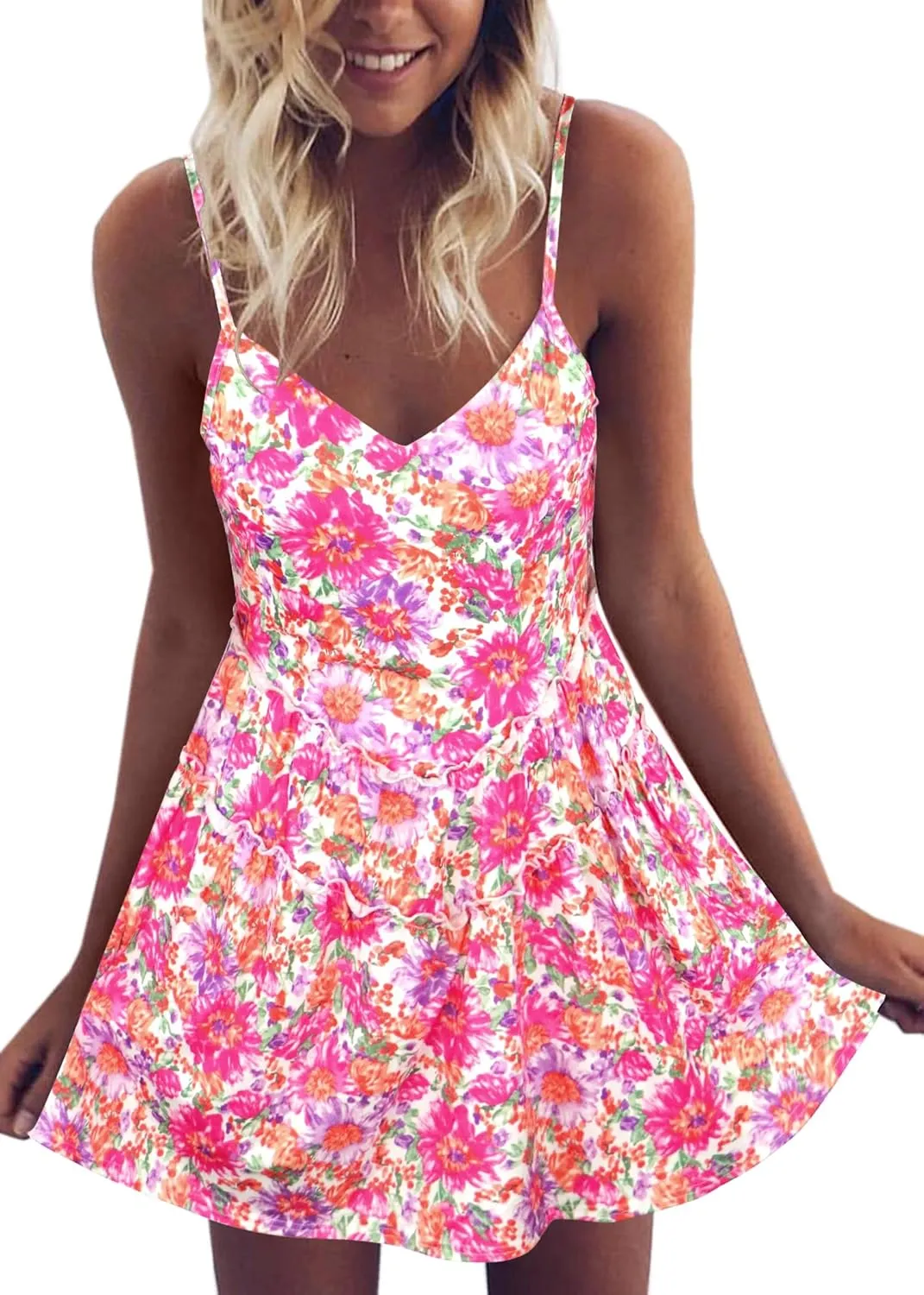 Angashion Women's Sexy V Neck Printed Spaghetti Strap Beach Romper Shorts Jumpsuit XS-3XL