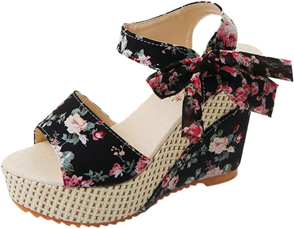 Aniywn Women Espadrilles Platform Wedges Heel Lace Up Sandals Elegant Floral Classic Ankle Strap Shoes
