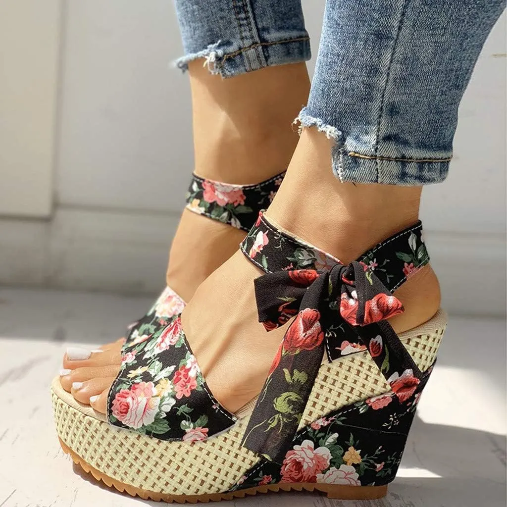 Aniywn Women Espadrilles Platform Wedges Heel Lace Up Sandals Elegant Floral Classic Ankle Strap Shoes