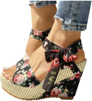 Aniywn Women Espadrilles Platform Wedges Heel Lace Up Sandals Elegant Floral Classic Ankle Strap Shoes