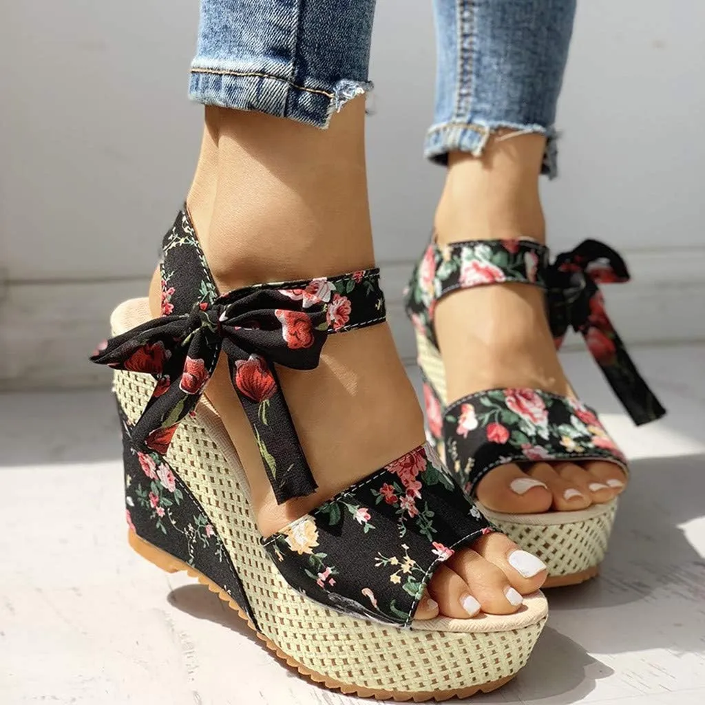 Aniywn Women Espadrilles Platform Wedges Heel Lace Up Sandals Elegant Floral Classic Ankle Strap Shoes