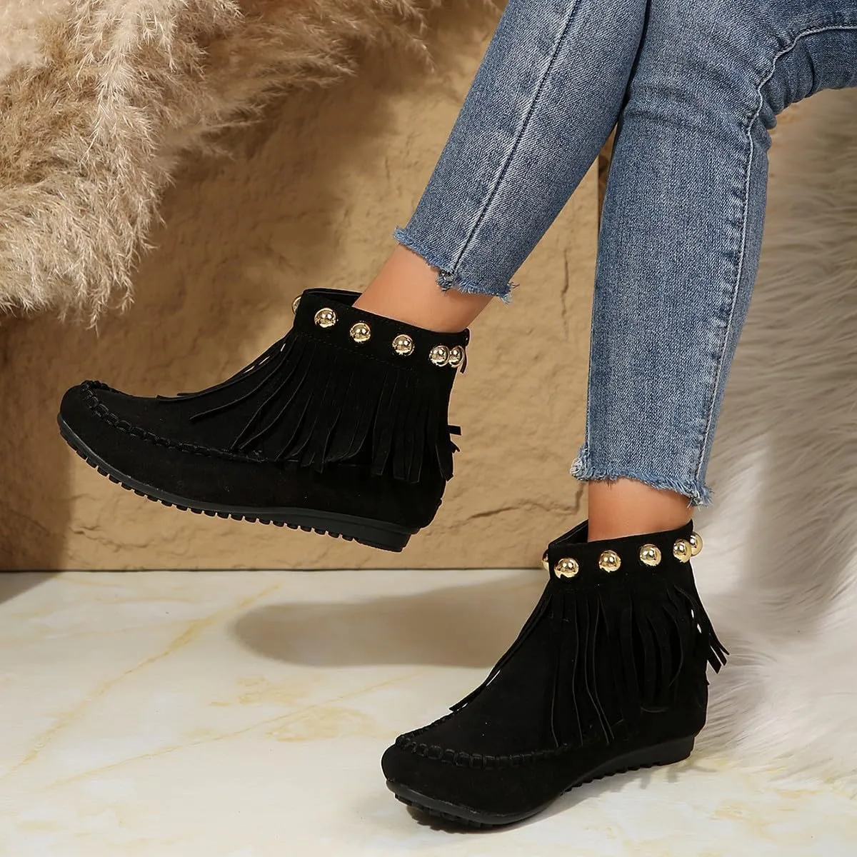 Ankle Boots for Women 2024 Moccasins Fringe Retro Suede Comfort Leather Tassel Studded Moccasins Non Slip Booties