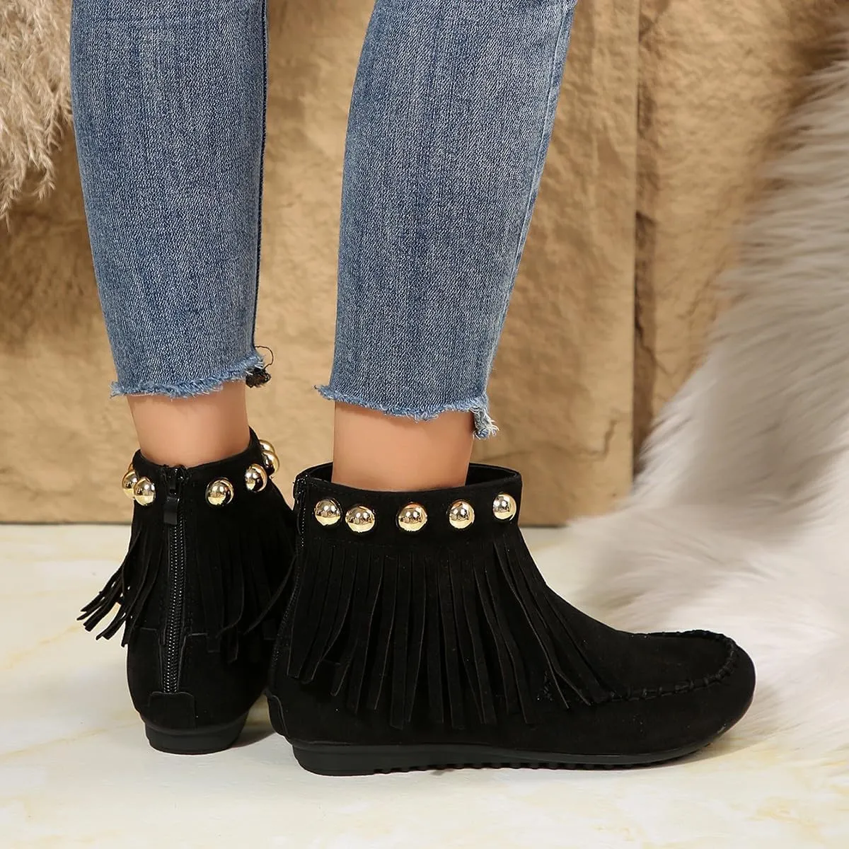 Ankle Boots for Women 2024 Moccasins Fringe Retro Suede Comfort Leather Tassel Studded Moccasins Non Slip Booties