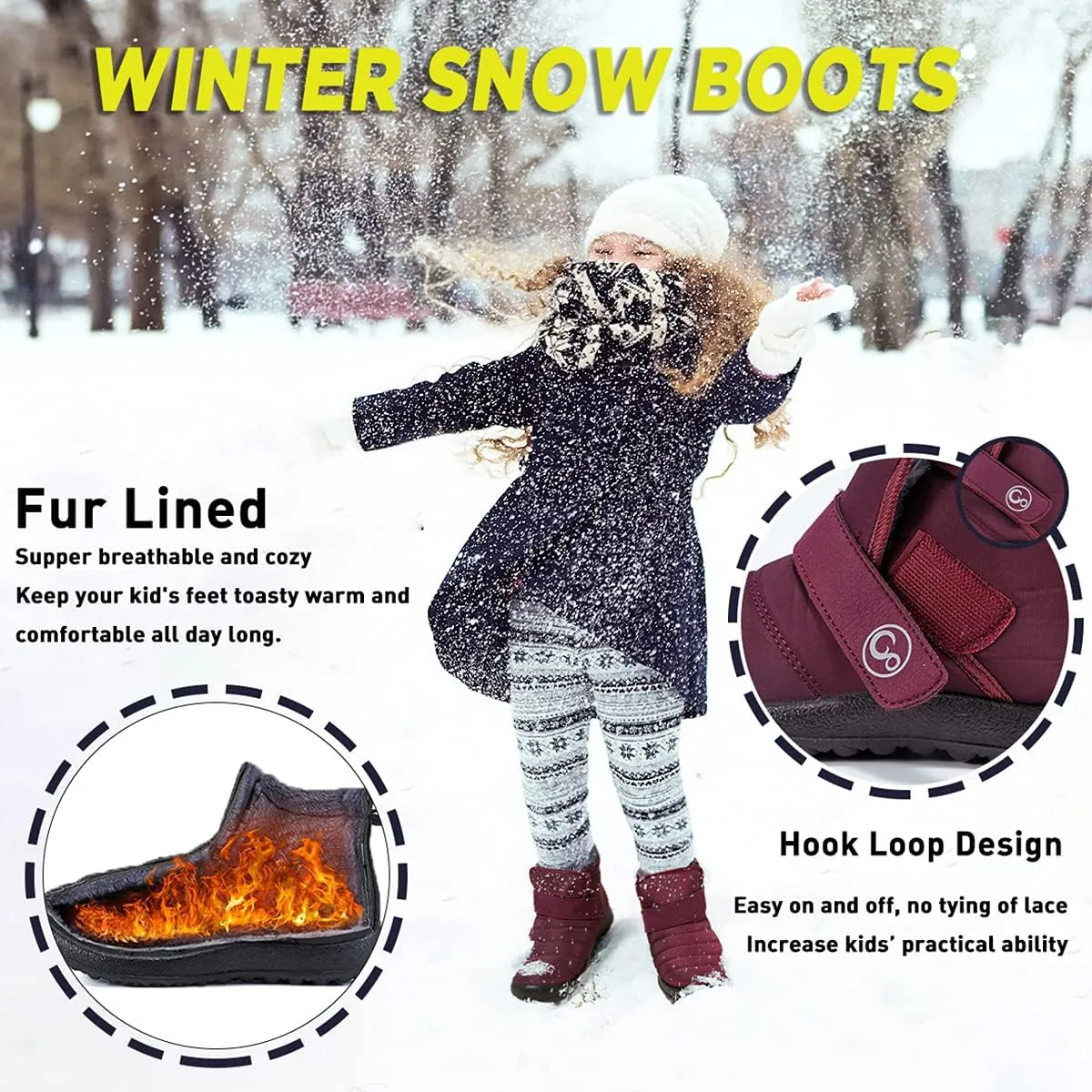 Aomigoct Boys Girls Winter Snow Boots: Waterproof Toddler Little Kid Boot with Fur Lined Easy Handles Unisex Child Warm Booties Comfortable Non Slip Walking