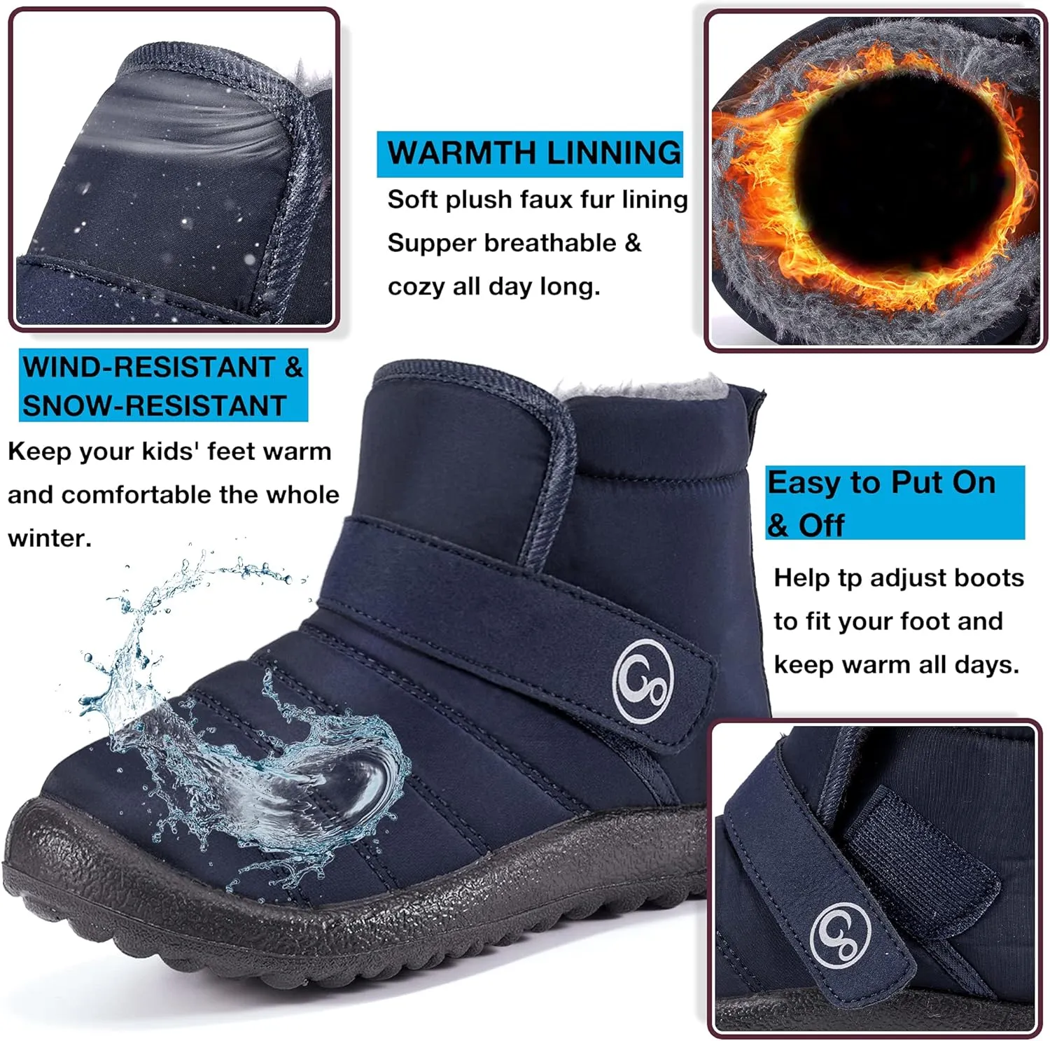 Aomigoct Boys Girls Winter Snow Boots: Waterproof Toddler Little Kid Boot with Fur Lined Easy Handles Unisex Child Warm Booties Comfortable Non Slip Walking