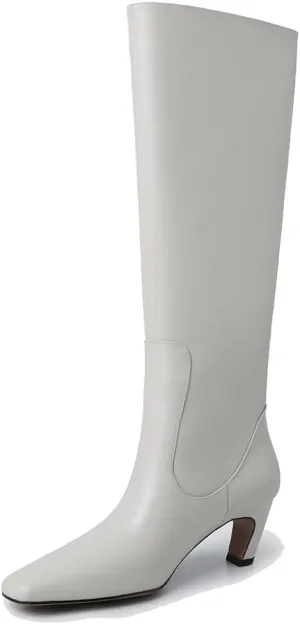 autumn chunky heels grey Knee high boots for women ladies square toe Slip on leather boots large cuff boots Pull On Wide Calf Booties