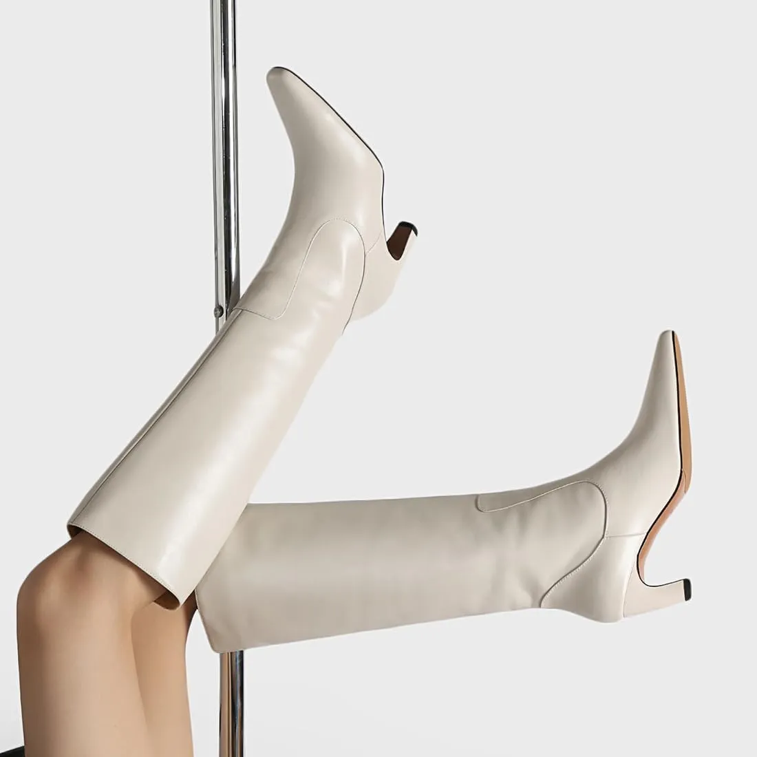 autumn chunky heels grey Knee high boots for women ladies square toe Slip on leather boots large cuff boots Pull On Wide Calf Booties
