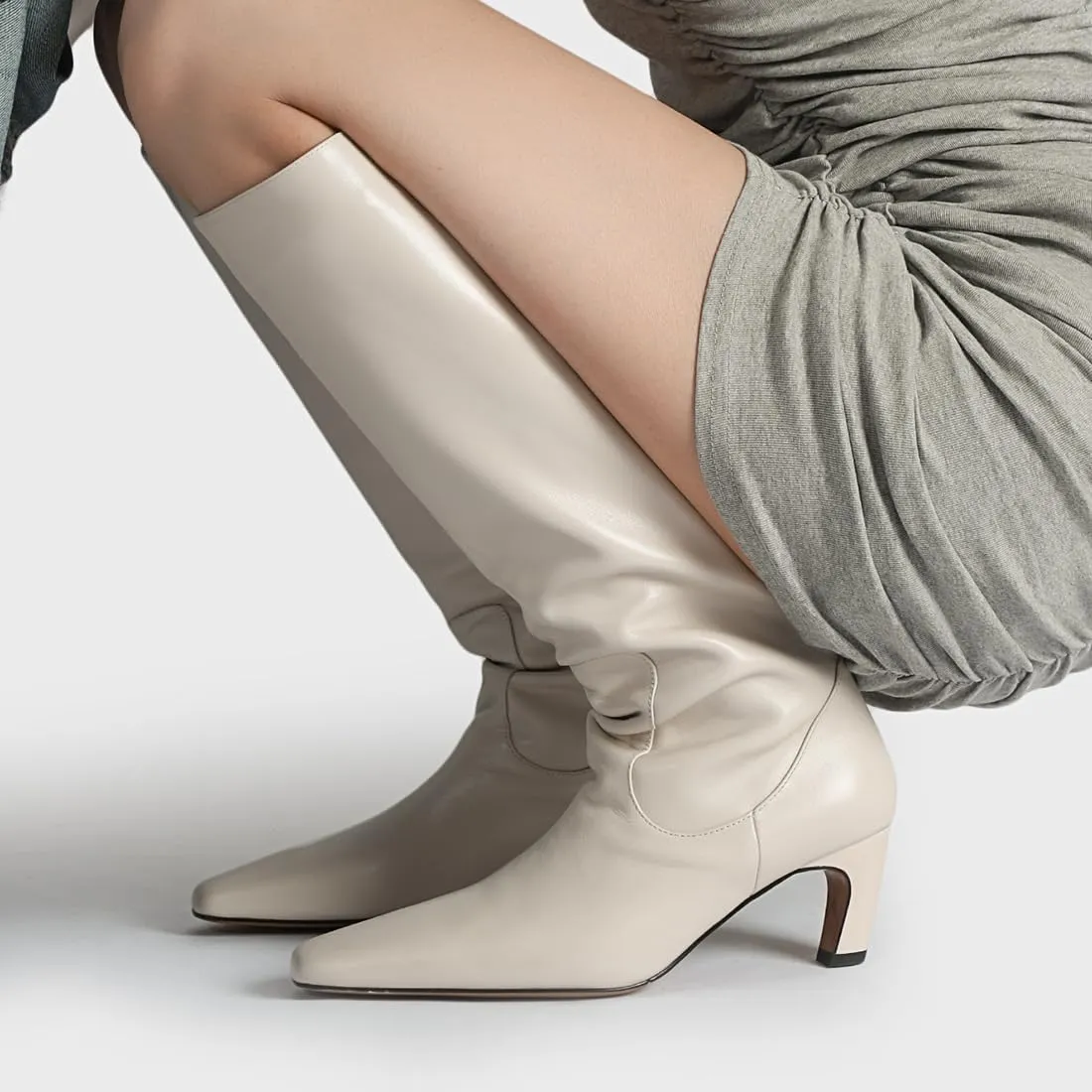 autumn chunky heels grey Knee high boots for women ladies square toe Slip on leather boots large cuff boots Pull On Wide Calf Booties