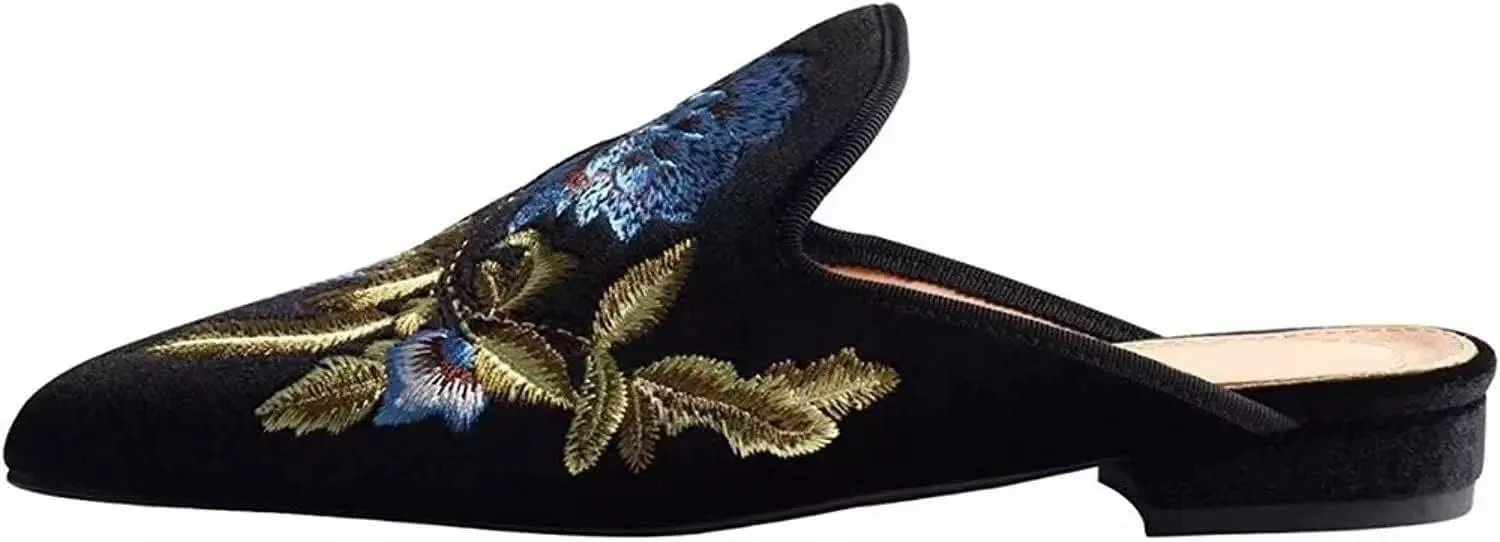 Axellion Comfortable Embroidered Mules for Women, Slip-on Backless Loafers with Pointed Toe, Stylish Flat Slides for Casual & Business Wear