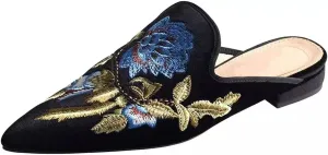 Axellion Comfortable Embroidered Mules for Women, Slip-on Backless Loafers with Pointed Toe, Stylish Flat Slides for Casual & Business Wear