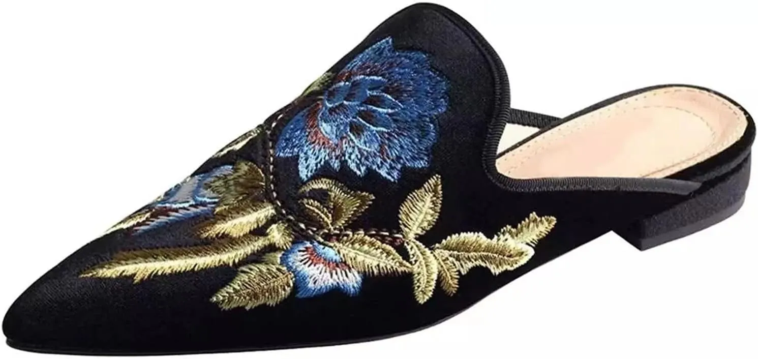 Axellion Comfortable Embroidered Mules for Women, Slip-on Backless Loafers with Pointed Toe, Stylish Flat Slides for Casual & Business Wear