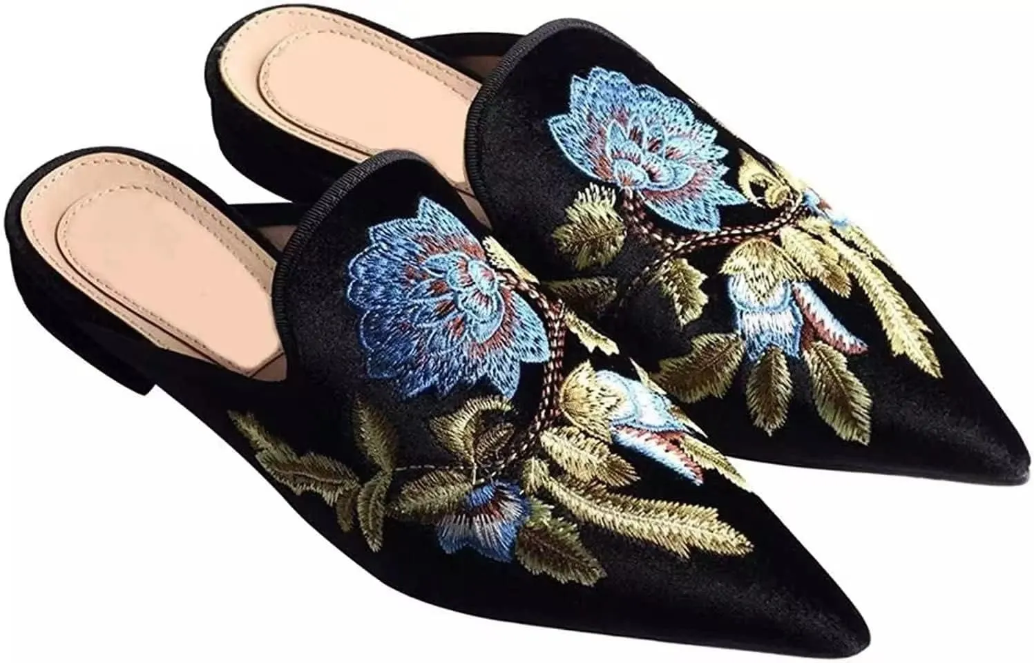Axellion Comfortable Embroidered Mules for Women, Slip-on Backless Loafers with Pointed Toe, Stylish Flat Slides for Casual & Business Wear
