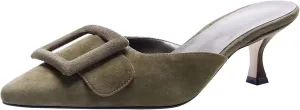 Axellion Comfortable Kitten Heel Mules for Women, Slip-on Backless Loafers with Pointed Toe, Buckle Knot Detail, Stylish Flat Slides for Casual & Business Wear