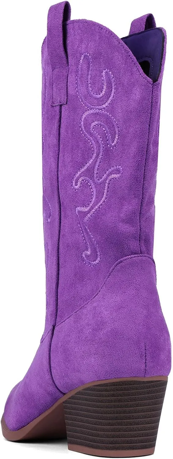 Bandkos Cowboy Boots for Women Cowgirl Mid Calf Western Boots Embroidered Stitched Pointed Toe Chunky Block Heel