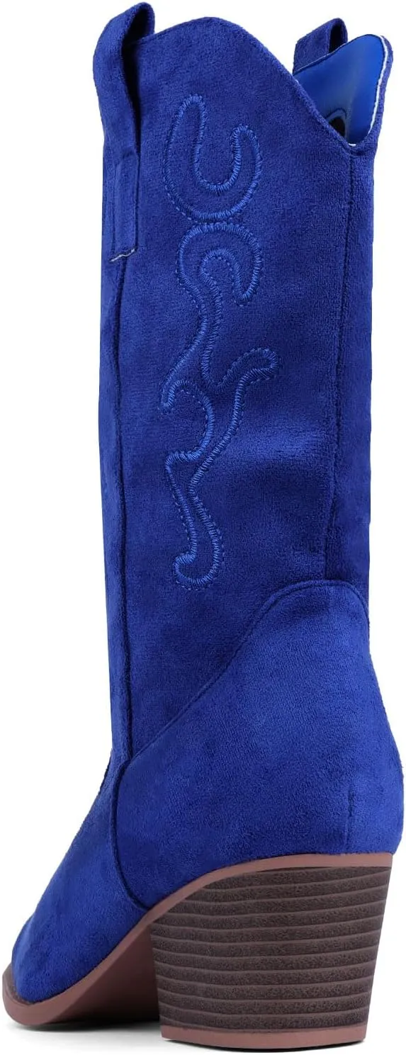 Bandkos Cowboy Boots for Women Cowgirl Mid Calf Western Boots Embroidered Stitched Pointed Toe Chunky Block Heel