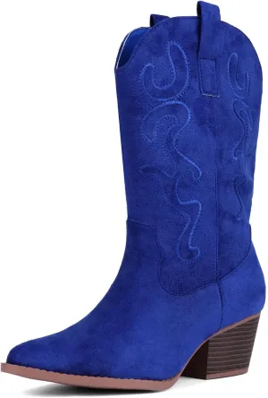 Bandkos Cowboy Boots for Women Cowgirl Mid Calf Western Boots Embroidered Stitched Pointed Toe Chunky Block Heel