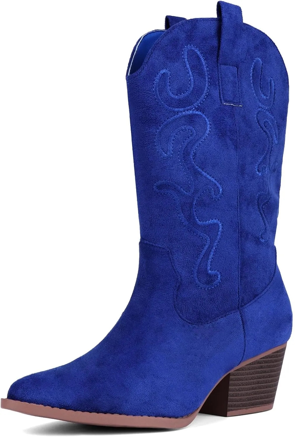 Bandkos Cowboy Boots for Women Cowgirl Mid Calf Western Boots Embroidered Stitched Pointed Toe Chunky Block Heel