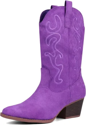 Bandkos Cowboy Boots for Women Cowgirl Mid Calf Western Boots Embroidered Stitched Pointed Toe Chunky Block Heel