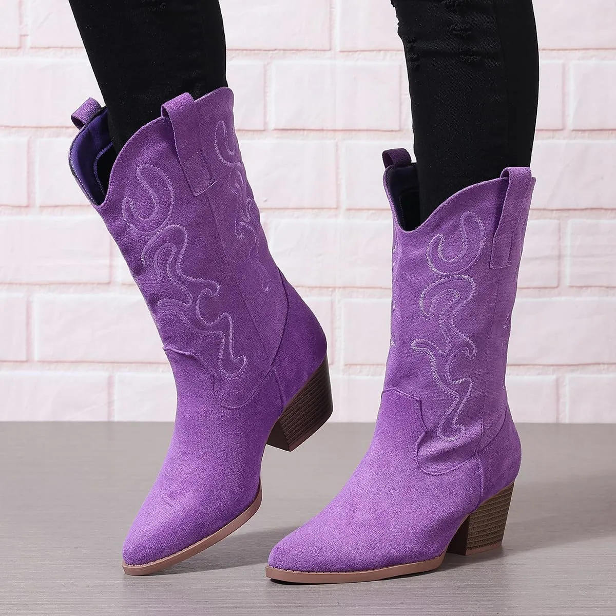 Bandkos Cowboy Boots for Women Cowgirl Mid Calf Western Boots Embroidered Stitched Pointed Toe Chunky Block Heel
