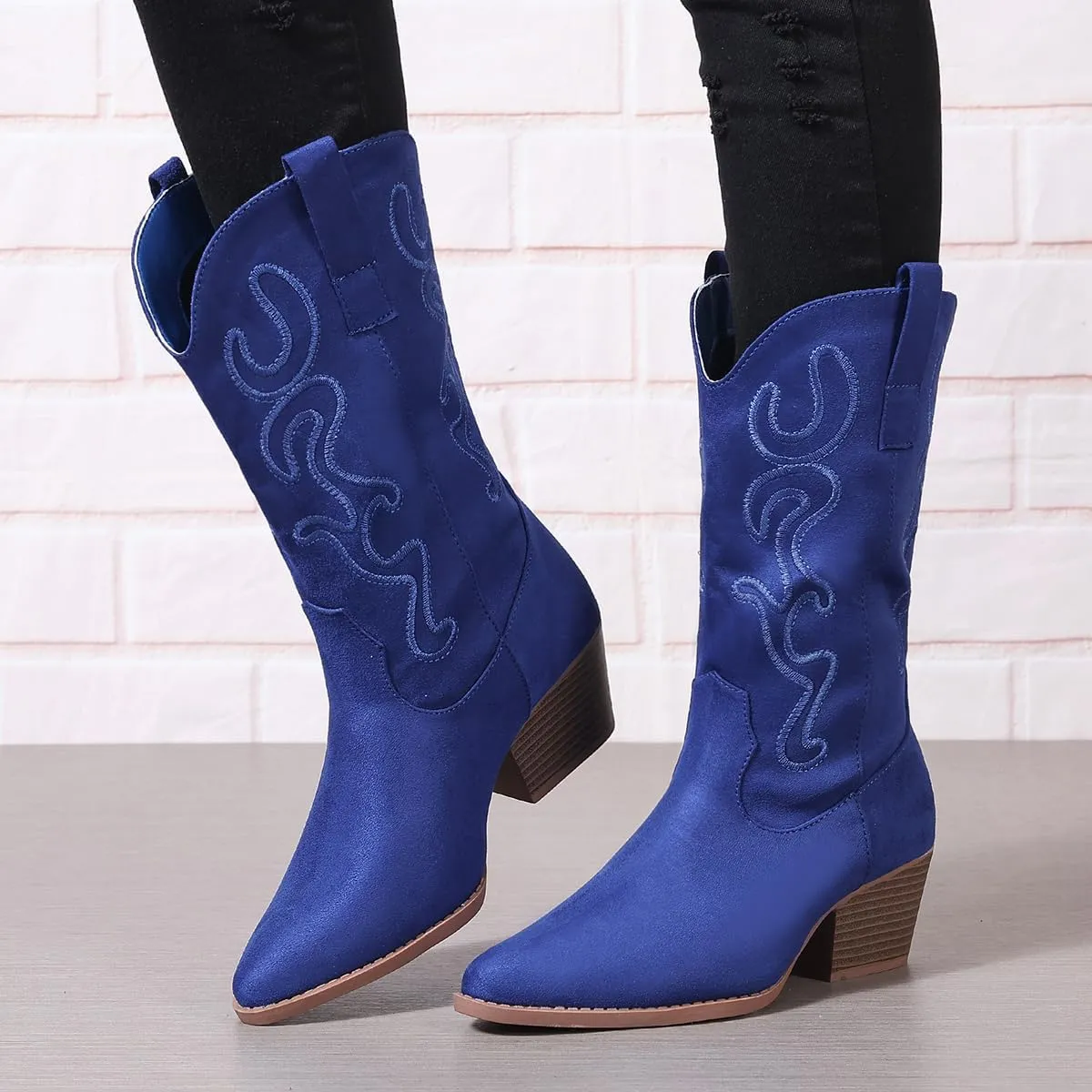 Bandkos Cowboy Boots for Women Cowgirl Mid Calf Western Boots Embroidered Stitched Pointed Toe Chunky Block Heel