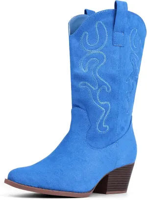 Bandkos Cowboy Boots for Women Cowgirl Mid Calf Western Boots Embroidered Stitched Pointed Toe Chunky Block Heel
