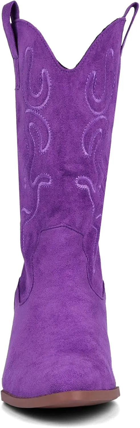 Bandkos Cowboy Boots for Women Cowgirl Mid Calf Western Boots Embroidered Stitched Pointed Toe Chunky Block Heel