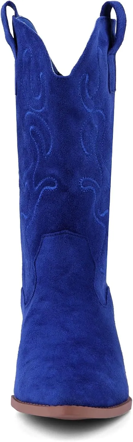 Bandkos Cowboy Boots for Women Cowgirl Mid Calf Western Boots Embroidered Stitched Pointed Toe Chunky Block Heel