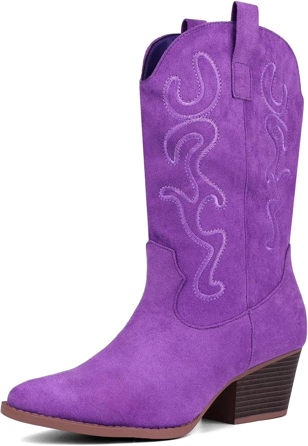 Bandkos Cowboy Boots for Women Cowgirl Mid Calf Western Boots Embroidered Stitched Pointed Toe Chunky Block Heel