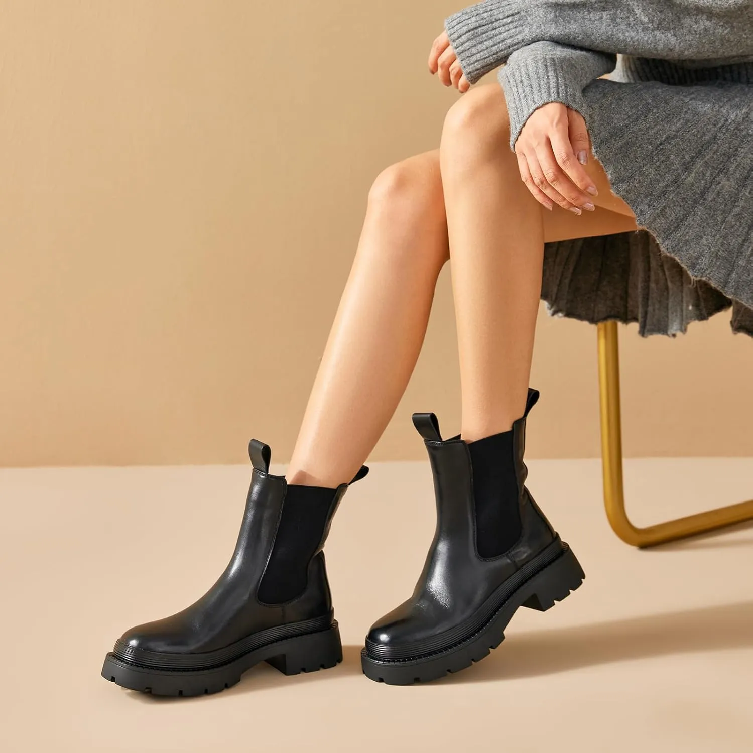 BEAU TODAY Chelsea Boots for Women, Chunky Platform Leather Chelsea Boots Womens Ankle Boots Round Toe Winter Dress Fashion Booties