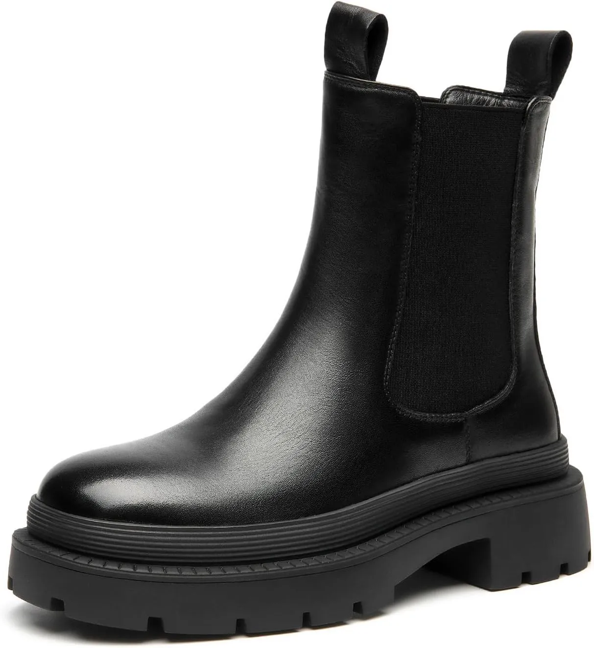 BEAU TODAY Chelsea Boots for Women, Chunky Platform Leather Chelsea Boots Womens Ankle Boots Round Toe Winter Dress Fashion Booties