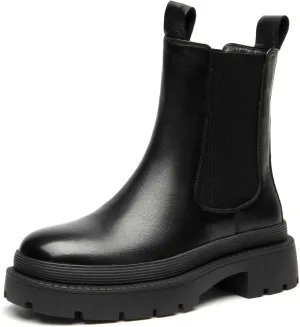 BEAU TODAY Chelsea Boots for Women, Chunky Platform Leather Chelsea Boots Womens Ankle Boots Round Toe Winter Dress Fashion Booties
