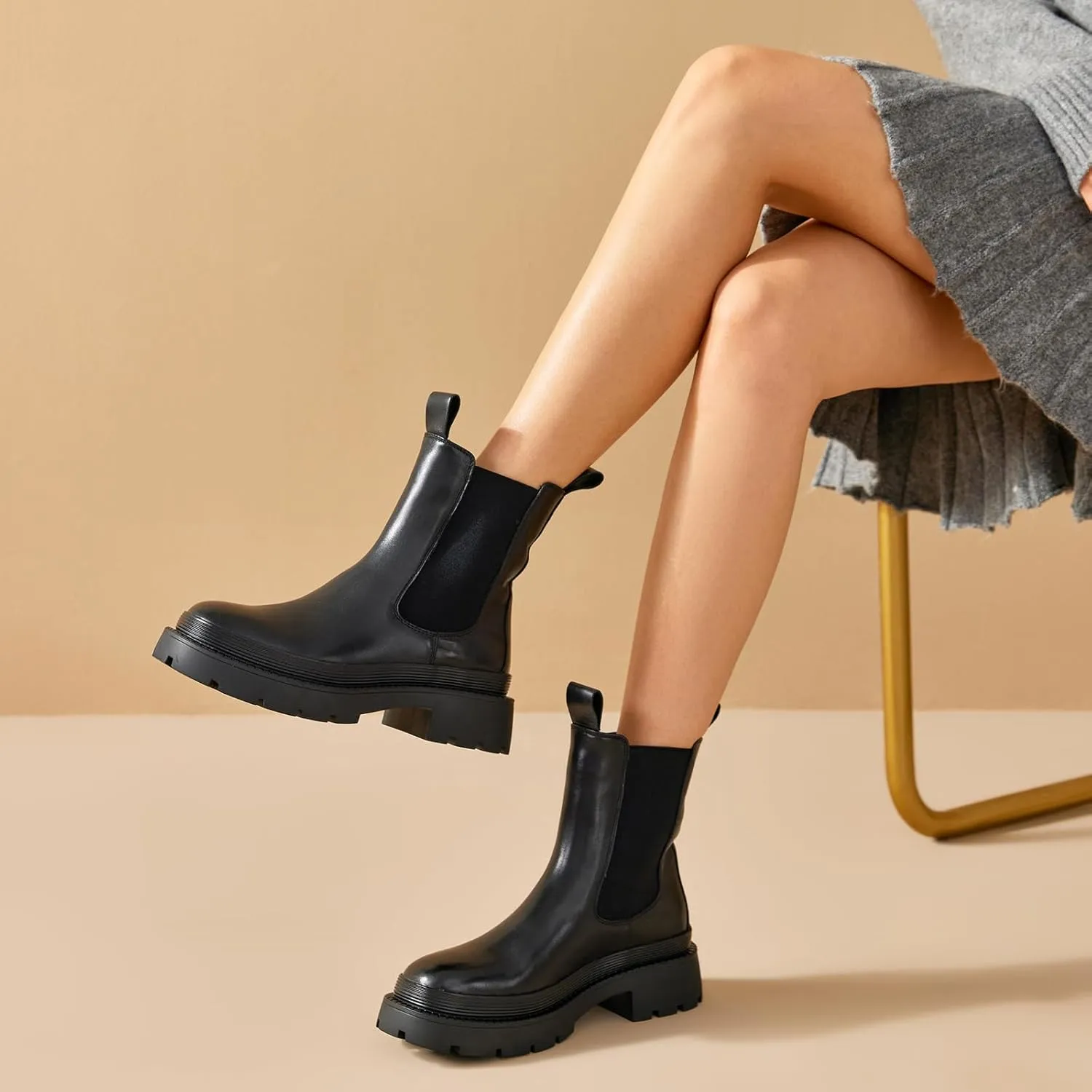 BEAU TODAY Chelsea Boots for Women, Chunky Platform Leather Chelsea Boots Womens Ankle Boots Round Toe Winter Dress Fashion Booties